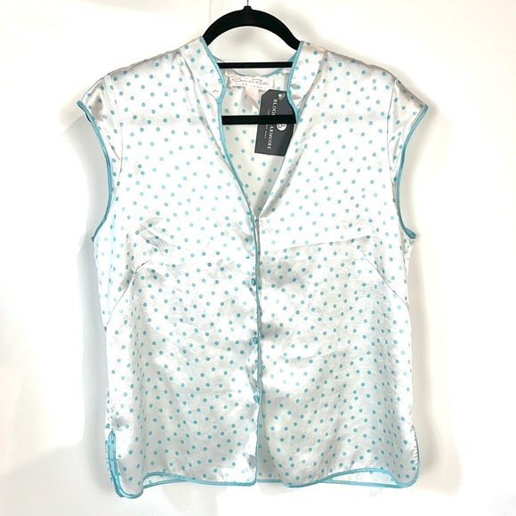 Oscar de la Renta Pink Label White Polka-Dot Cap-Sleeve Buttoned Blouse - Picture 1 of 8